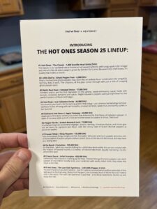 The Hot Ones lineup card with descriptions and scoville units